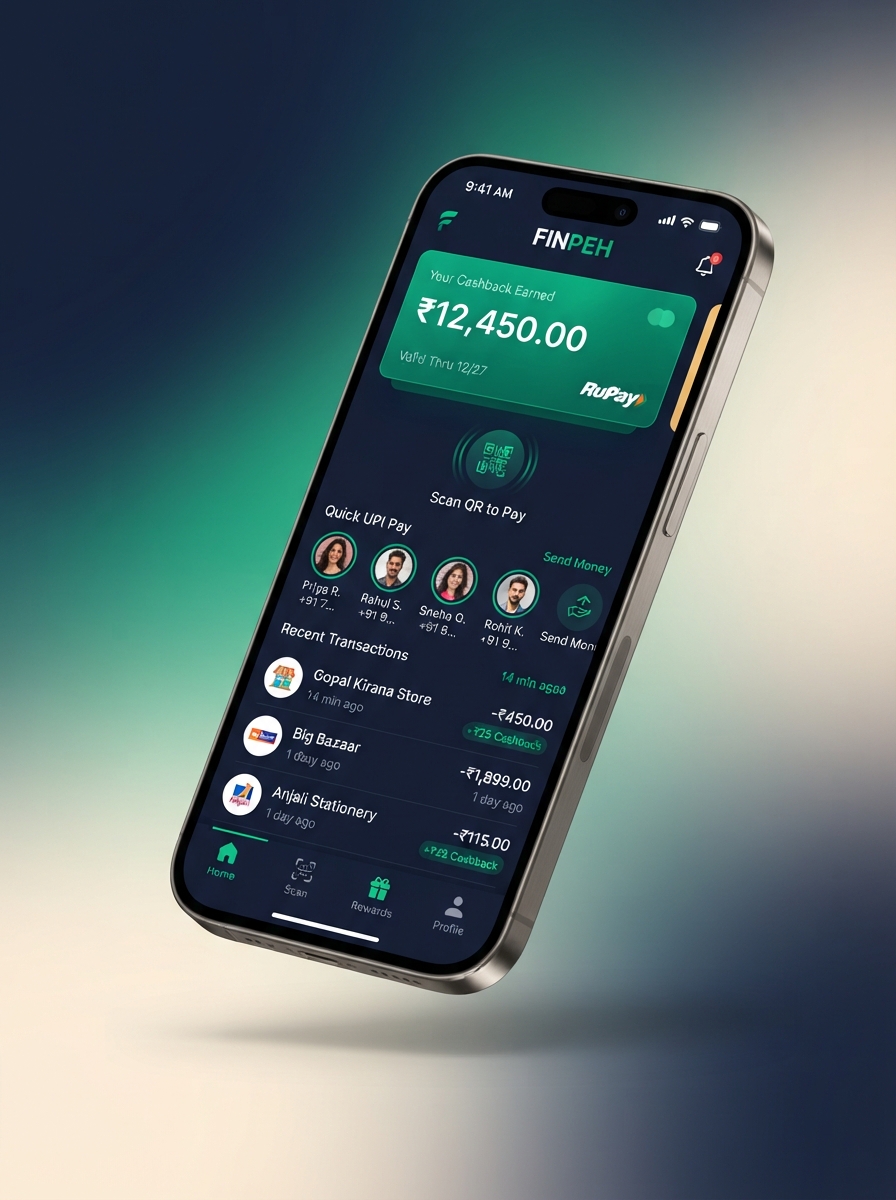 ProfitPe mobile app interface showing instant payments, cashback rewards, and wallet balance